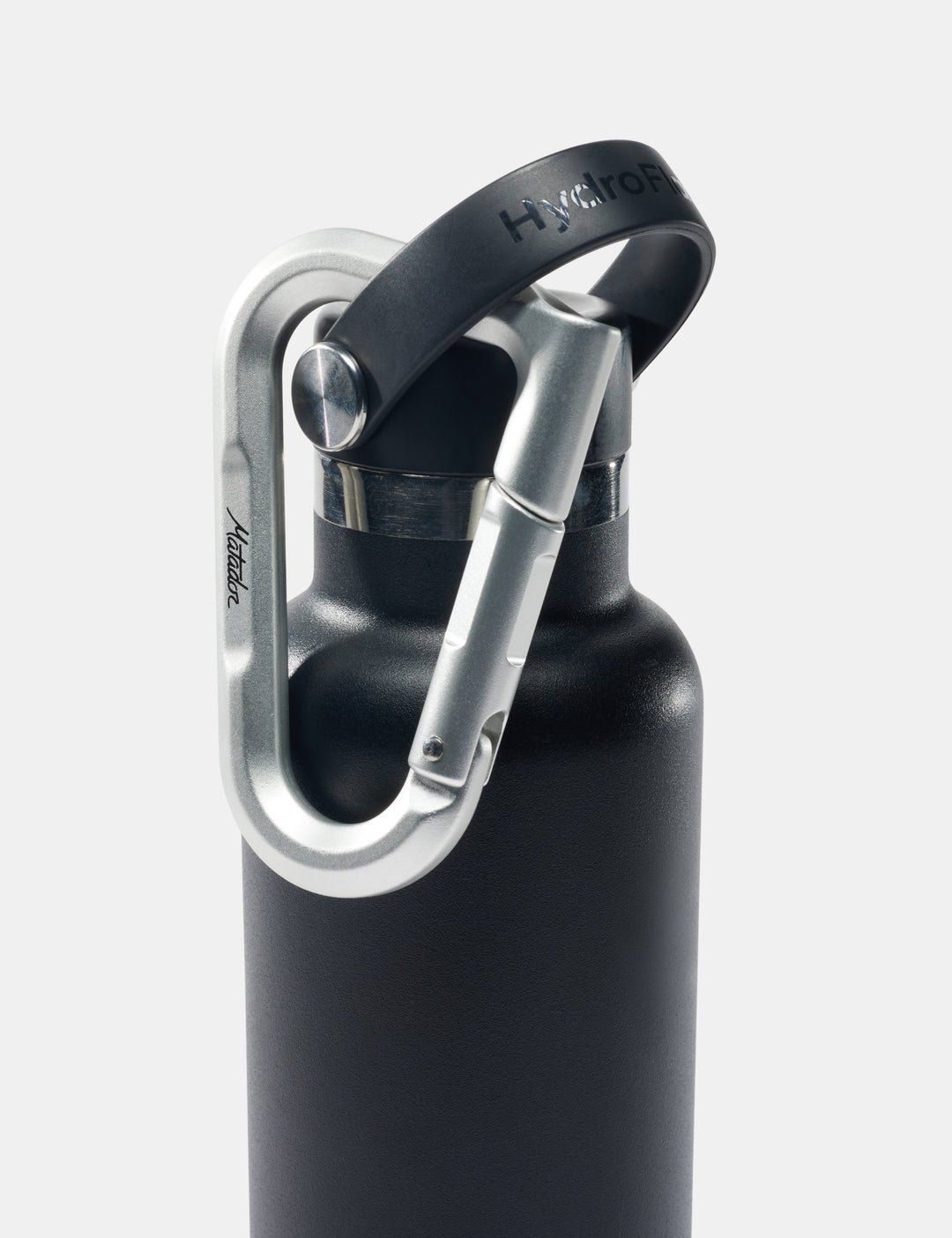 Matador BetaLock in Metal - black water bottle with silver carabiner on a white background