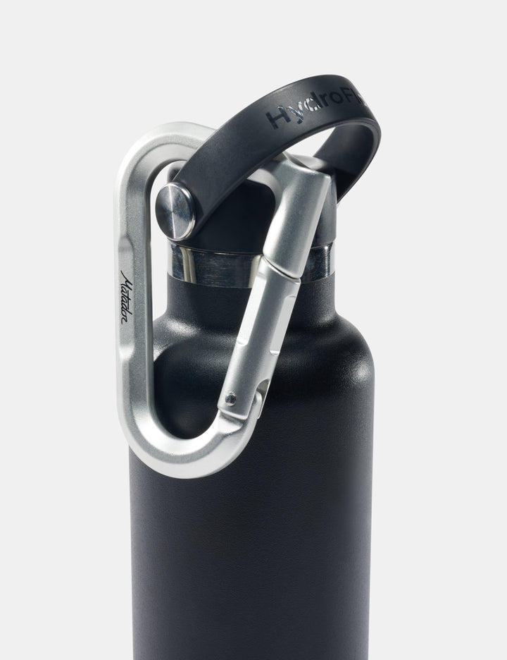 Matador BetaLock in Metal - black water bottle with silver carabiner on a white background