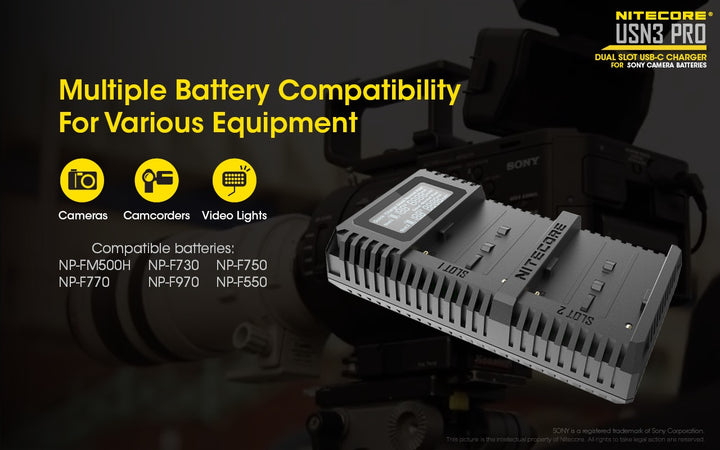 USN3 PRO (Sony NP-FM500H, NP-F730, NP-F750, NP-F770, NP-F970, NP-F550) Dual-Slot Battery Charger