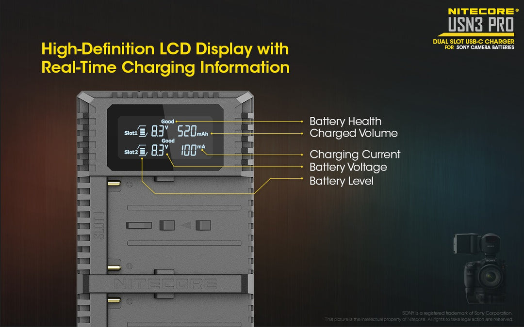 USN3 PRO (Sony NP-FM500H, NP-F730, NP-F750, NP-F770, NP-F970, NP-F550) Dual-Slot Battery Charger