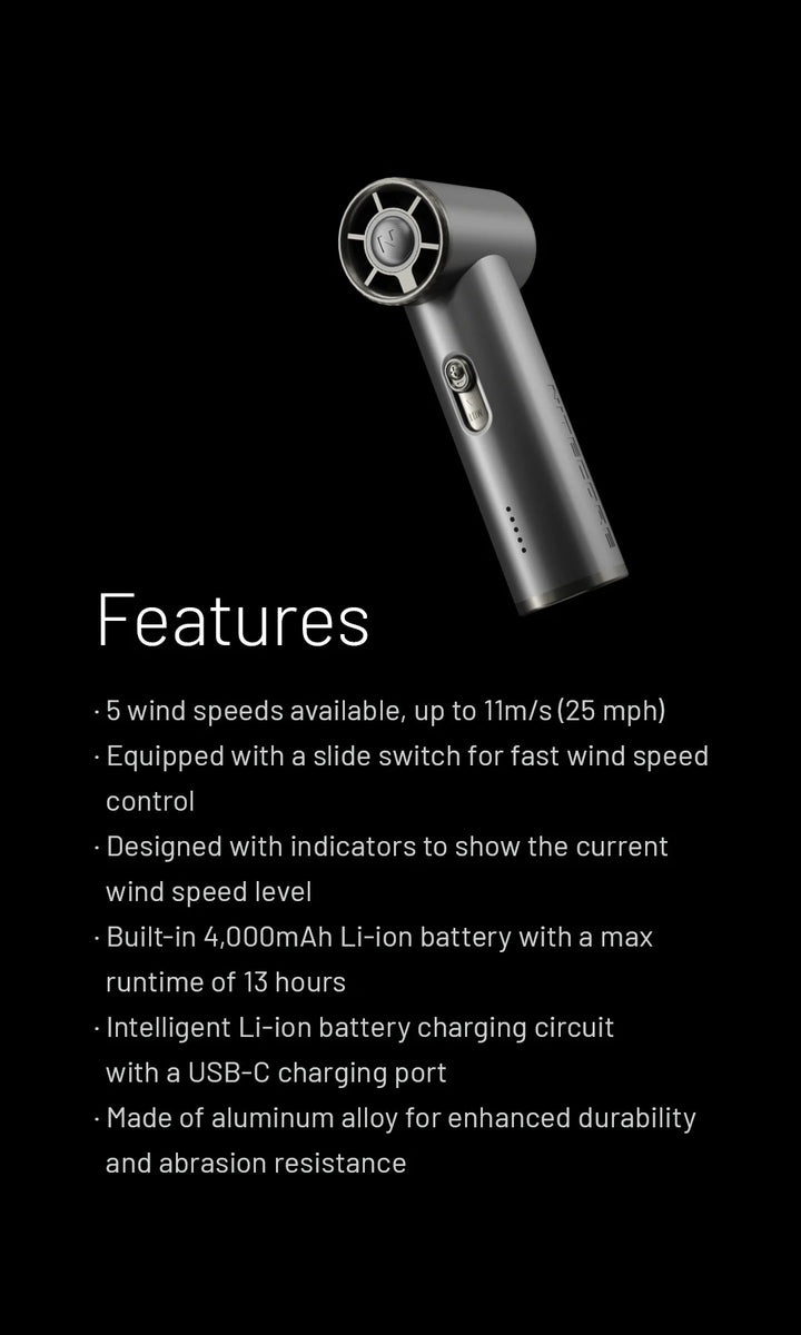 NEF01 (Black) - Mini High-Speed Handheld Fan (4,000mAh)