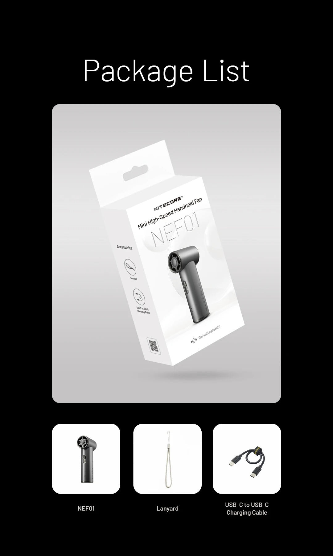 NEF01 (Black) - Mini High-Speed Handheld Fan (4,000mAh)